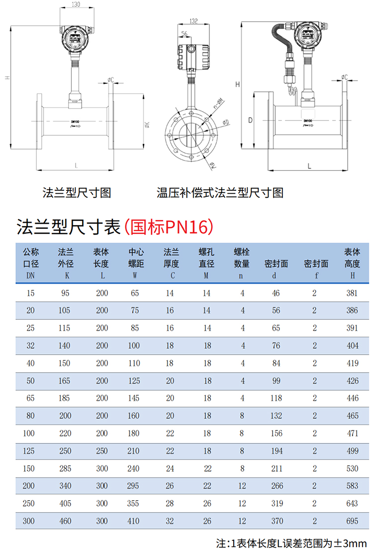 dn50渦街流量計法蘭式尺寸圖